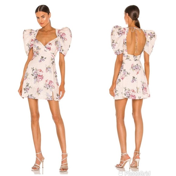 LPA Azra Mini Dress Puff Sleeve Ariel Pink Print NWT! - Picture 1 of 9